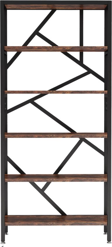 Zwarte boekenkast met een industrieel design en vijf rustiek bruine houten planken met een geometrisch frame.