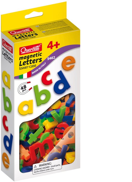 Doos met magnetische kleine letters, 48 stuks, met letters a, b, c, d, e op de voorkant.