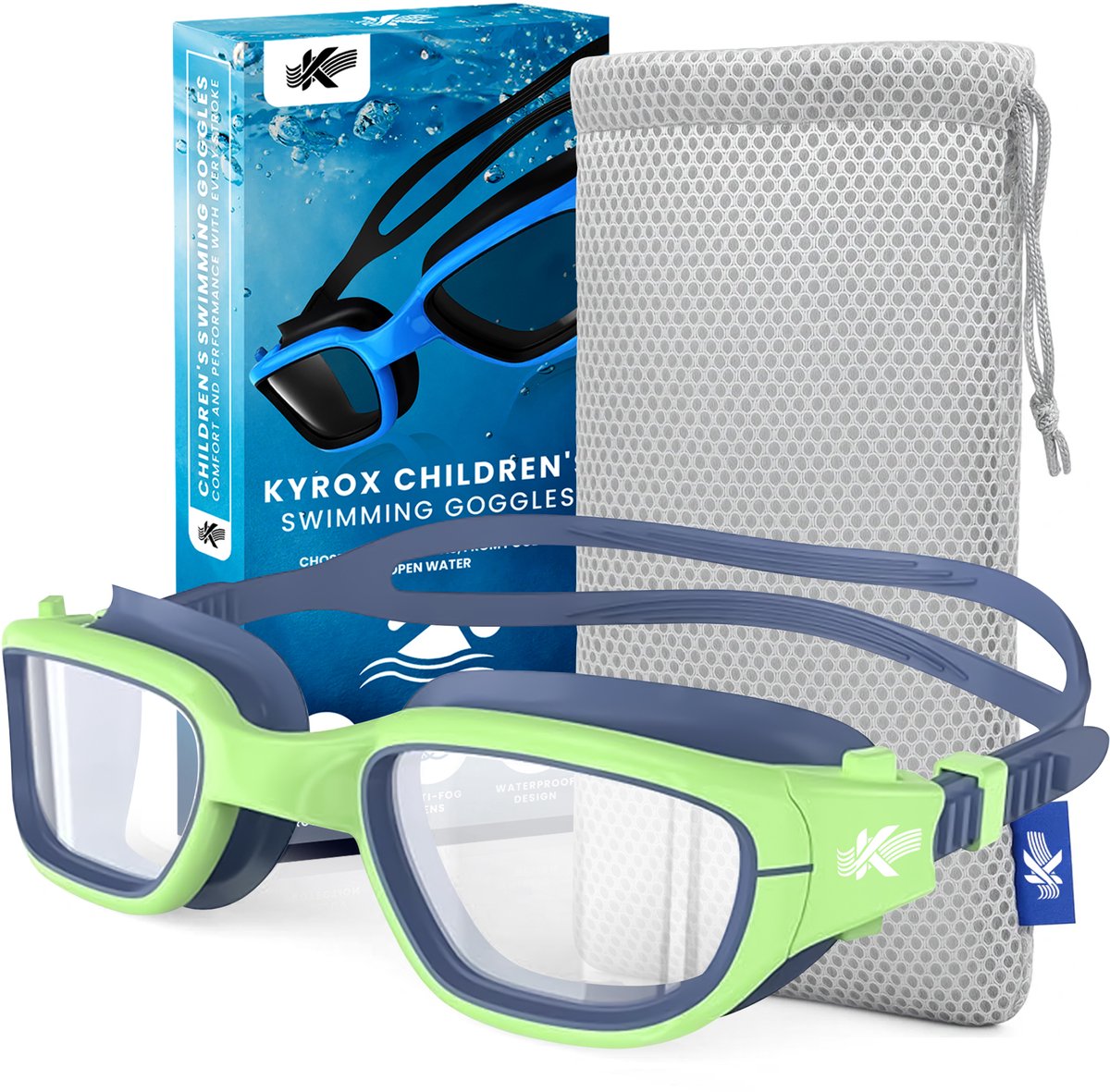 Kyrox Zwembril kinderen - Duikbril kinderen - 6-15 jaar - Inclusief Mesh Bag - Anti-Condens - UV Bescherming - Groen