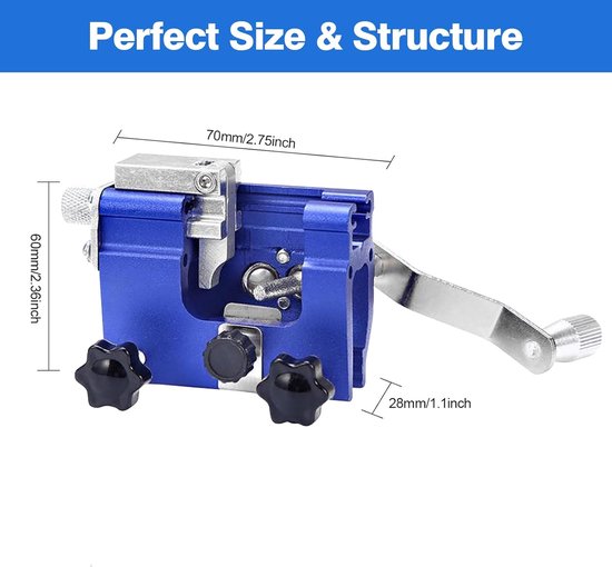Blauwe kettingslijper met afmetingen 70 mm, 60 mm en 28 mm. Perfecte maat en structuur.