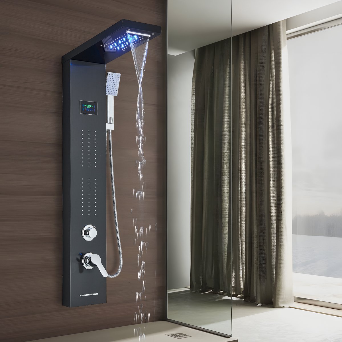Kolom douche hydromassage LED modus water regendouche cascade spuitdouche achterkant bad water met temperatuurscherm Zwart douchesysteem
