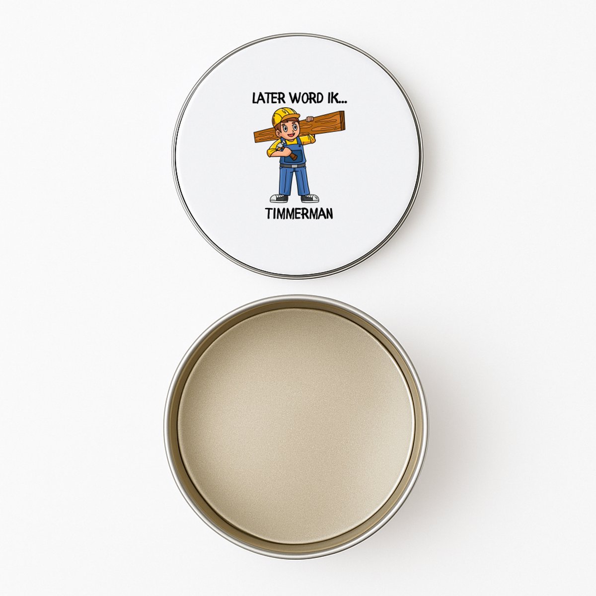 Hacebo® - Later word ik timmerman koektrommel rond - Baby's - koekblik – koektrommels – bewaarblik - snoeptrommel - cadeau voor een baby - cadeau voor een peuter - kraamcadeau - Werken in de bouw - timmermannen - koek trommel - Ø 15 CM