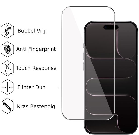 Schermprotector op een telefoon, met icoontjes: bubbelvrij, anti-vingerafdruk, touch respons, flinterdun, krasbestendig.