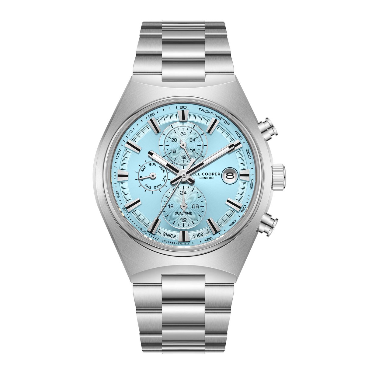 Lee Cooper LC08214.300 - Horloge - Polshorloge - Analoog - Heren - Mannen - Stalen band - Metaal - Rond - Strepen - Cijfers - Datumaanduiding - Dagaanduiding - Dual time - 12-24 - Chronograaf - Zilverkleurig - Lichtblauw - Wit - Zwart