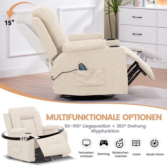 Foto: Ndustrialhome deluxe draaibare relaxfauteuil beige ergonomische televisiestoel met elektrisch verstelbare rugleuning en voetensteun 360 draaibare tv stoel met opbergvak en bekerhouders