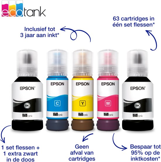 Vijf Epson EcoTank inktflessen: zwart, cyaan, geel, magenta en zwart. Met de tekst 'Inclusief tot 3 jaar aan inkt'.