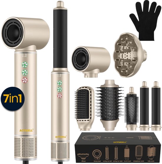 Fer à boucler Actueell® Pro Airstyler 7 en 1, sèche-cheveux multi-styler - 1400 Watt - Brosse soufflante - Sèche-cheveux - Brosse lissante et bouclée - Brosse chauffante - Brosse thermique - Brosse à air chaud - Sèche-cheveux - Goud chauffant - Doré