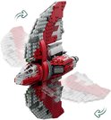 Grijze en rode LEGO T-6 Jedi shuttle met beweegbare vleugels, getoond in twee posities.