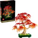 LEGO Japanse esdoorn bonsaiboompje met rode en oranje bladeren naast de doos.