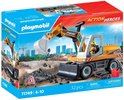 Gele Playmobil graafmachine, met stenen, doos en waarschuwingsbord.