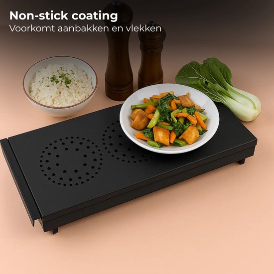 Lomera Warmhoudplaat - Rechaud - 3 Branders - Waxinelichtjes - Voedselverwarmer - Bordverwarmer - Non-Stick Coating - Aluminium Rooster - Roestvrijstaal Basis - Zwart - Gelijkmatige Verwarming - Afneembaar Rooster - Handvaten - Kaarsjesdover — afbeelding 4
