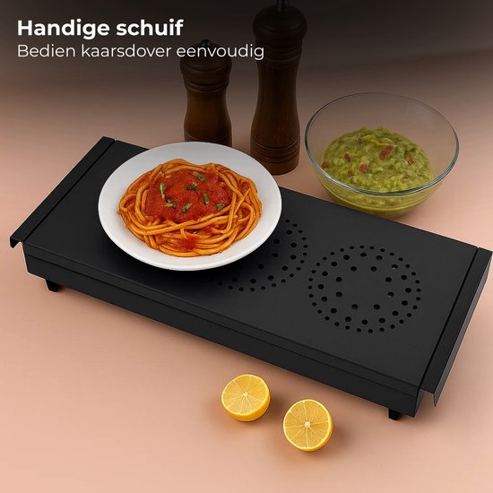 Lomera Warmhoudplaat - Rechaud - 3 Branders - Waxinelichtjes - Voedselverwarmer - Bordverwarmer - Non-Stick Coating - Aluminium Rooster - Roestvrijstaal Basis - Zwart - Gelijkmatige Verwarming - Afneembaar Rooster - Handvaten - Kaarsjesdover — afbeelding 2