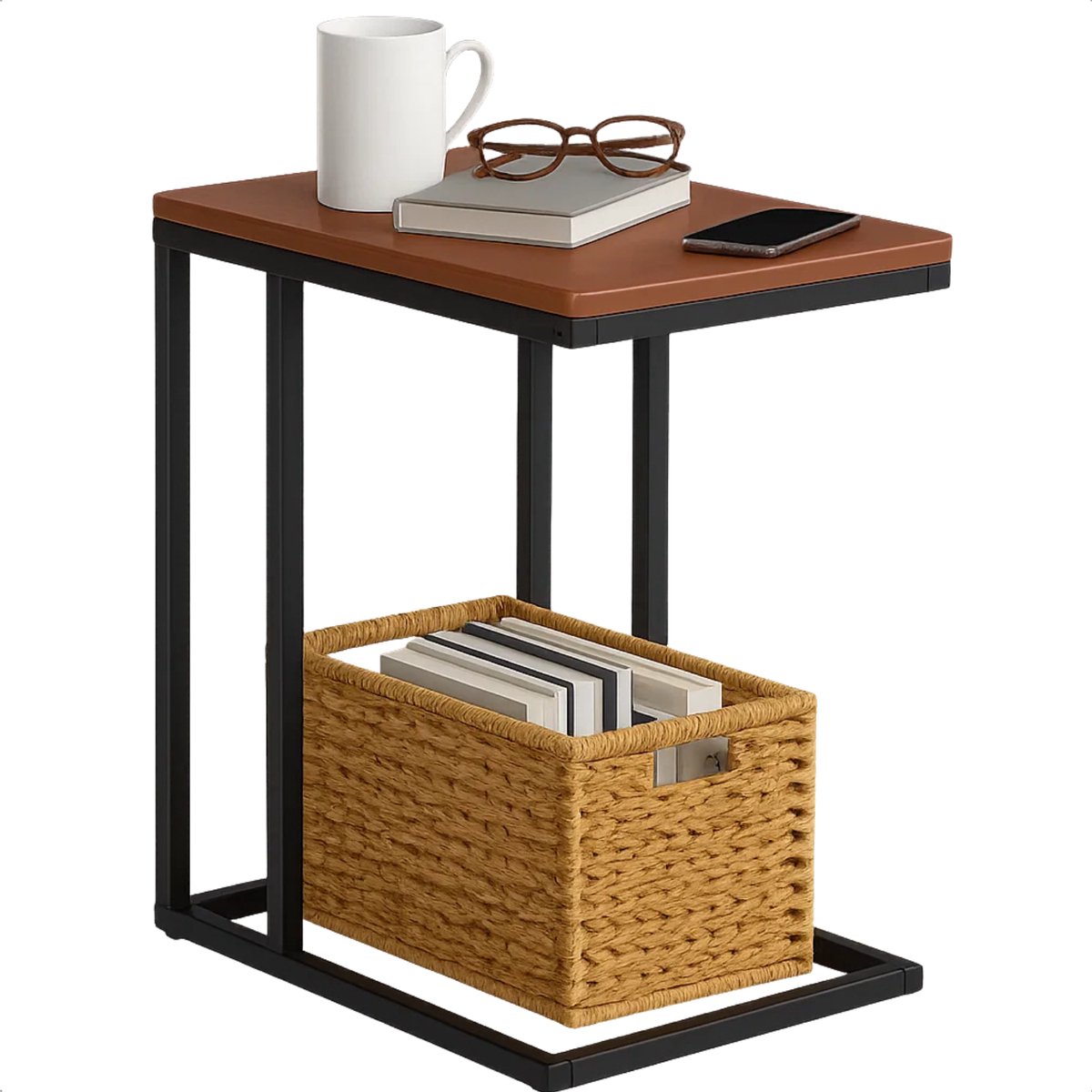 Lomera Bijzettafel Metaal En Mdf - Zwart Metalen Frame - Bruin Mdf Tafelblad - Afgeronde Hoeken - Banktafeltje - Industriële Stijl - Compacte Bijzettafel - Stelpootjes - Lichtgewicht Tafel - Moderne Bijzettafel nvt
