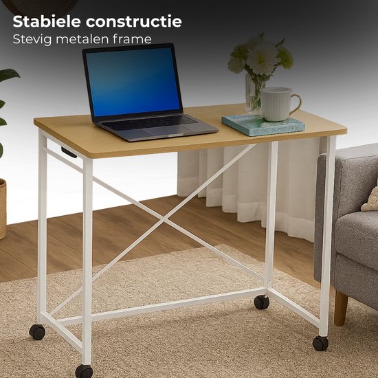 Lomera Inklapbare Wandtafel - Inklapbare Tafel - Draagbare Tafel - Wit Metaal - Met Wielen - Tafelblad Met Afgeronde Hoeken - Multifunctionele Tafel - Bijzettafel - Mobiele Tafel - Haltafel - Laptop Tafel - Vouwtafel van Merkloos — afbeelding 3