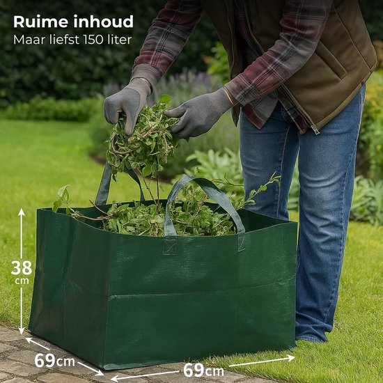 Lomera Tuinafvalzak Vierkant - Opvouwbare Tuinafvalzak - 150 Liter Inhoud - Vierkant Model - Tuinafval Opruimen - Groene Tuinafvalzak - Pp Materiaal - Met Hengsels - Bladeren Opruimen - Herbruikbare Tuinafvalzak van Merkloos	 — afbeelding 2