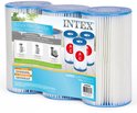 Intex Tri-Pack filtercartridges, 3 stuks. Witte filters met blauwe randen op een witte achtergrond.