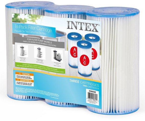 Intex Tri-Pack filtercartridges, 3 stuks. Witte filters met blauwe randen op een witte achtergrond.