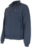 Donkerblauwe sweater met ritssluiting, opstaande kraag en logo op de borst.