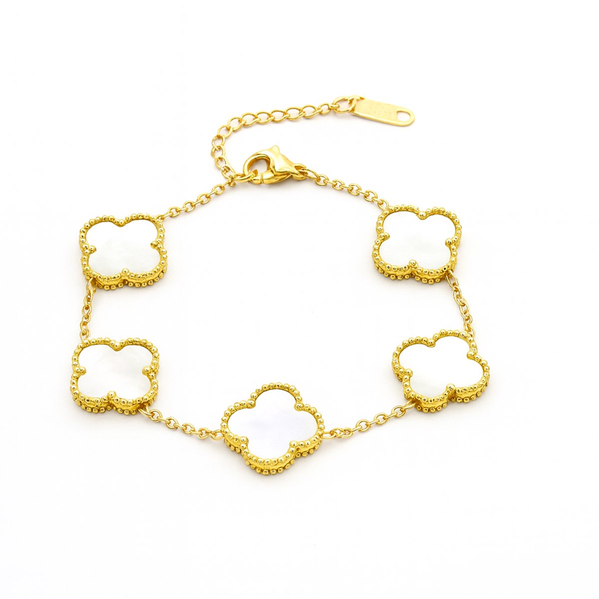 Estacks- Luxe armband - Goudkleurige klaver armband - armband dames goud- Witte klaver 5 stuks -