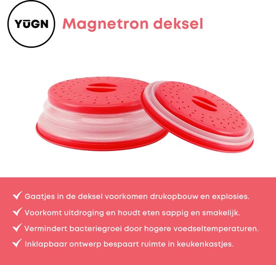 Rode inklapbare magnetrondeksel, gaatjes voorkomen druk, houdt eten sappig, vermindert bacteriegroei, ruimtebesparend.