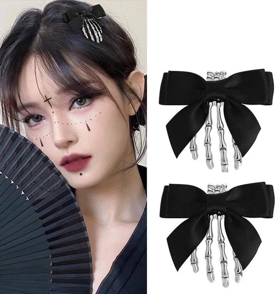 Set van 2 Halloween haarclips met skeletklauwen en strik, geschikt voor meisjes, ideaal voor Halloweenfeesten en cosplay met stevige grip en opvallend design