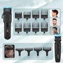 Zwarte tondeuse met diverse opzetkammen van 3mm tot 25mm, en voorbeelden van haarcoupes.