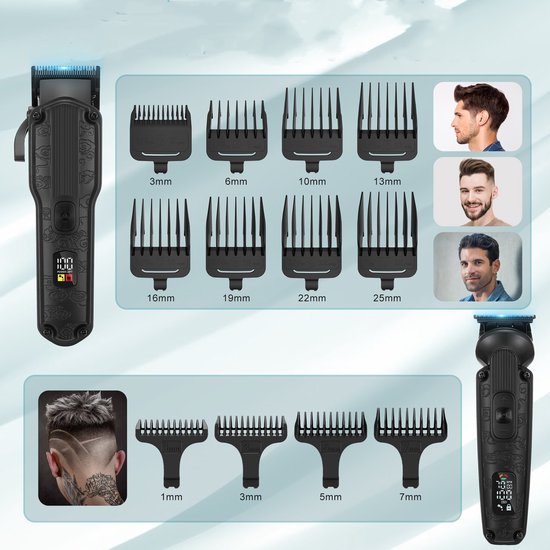 Zwarte tondeuse met diverse opzetkammen van 3mm tot 25mm, en voorbeelden van haarcoupes.