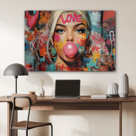 MuchoWow® Tableau sur verre 120x80 cm - Tableau sur verre acrylique - Femme - Chewing-gum - Graffiti - Amour - Photo sur verre - Décoration murale salon - Décoration murale chambre - Peintures