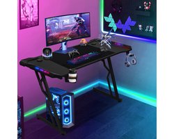 Game Bureau 120x60x75cm - Gaming Bureau met LED Verlichting - Gaming desk RGB - Zwart - Computertafel met Koptelefoonhouder, bekerhouder & kabeltunnel - Incl. Gaming Muismat ( 72x56cm ) - Z-Vormig Gaming Tafel met afstandsbediening
