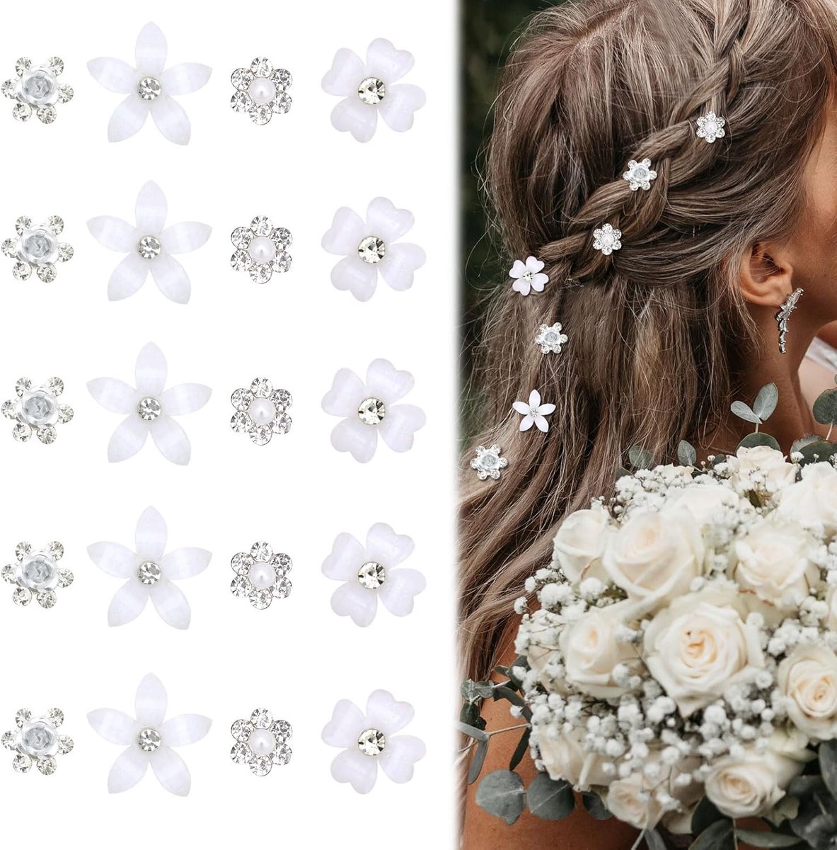 20 stuks mini-bloemhaarspeldjes met strass-steentjes - kleine decoratieve haarspeldjes voor bruiloften - witte haarspeldjes - bruidshaaraccessoires voor meisjes en - Cyslmuk®