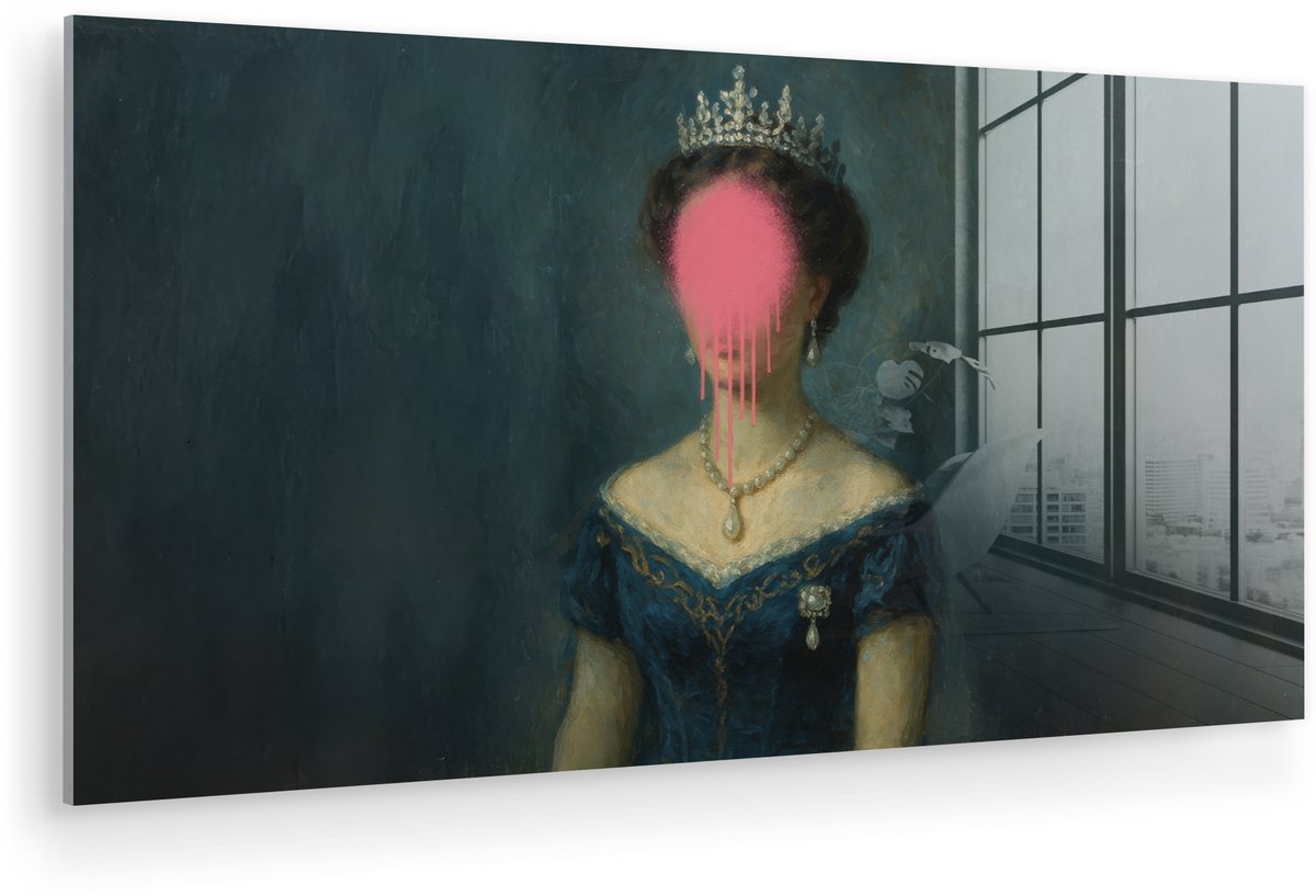 MuchoWow® Glasschilderij 80x40 cm - Schilderij acrylglas - Kroon - Roze druipend verf - Po