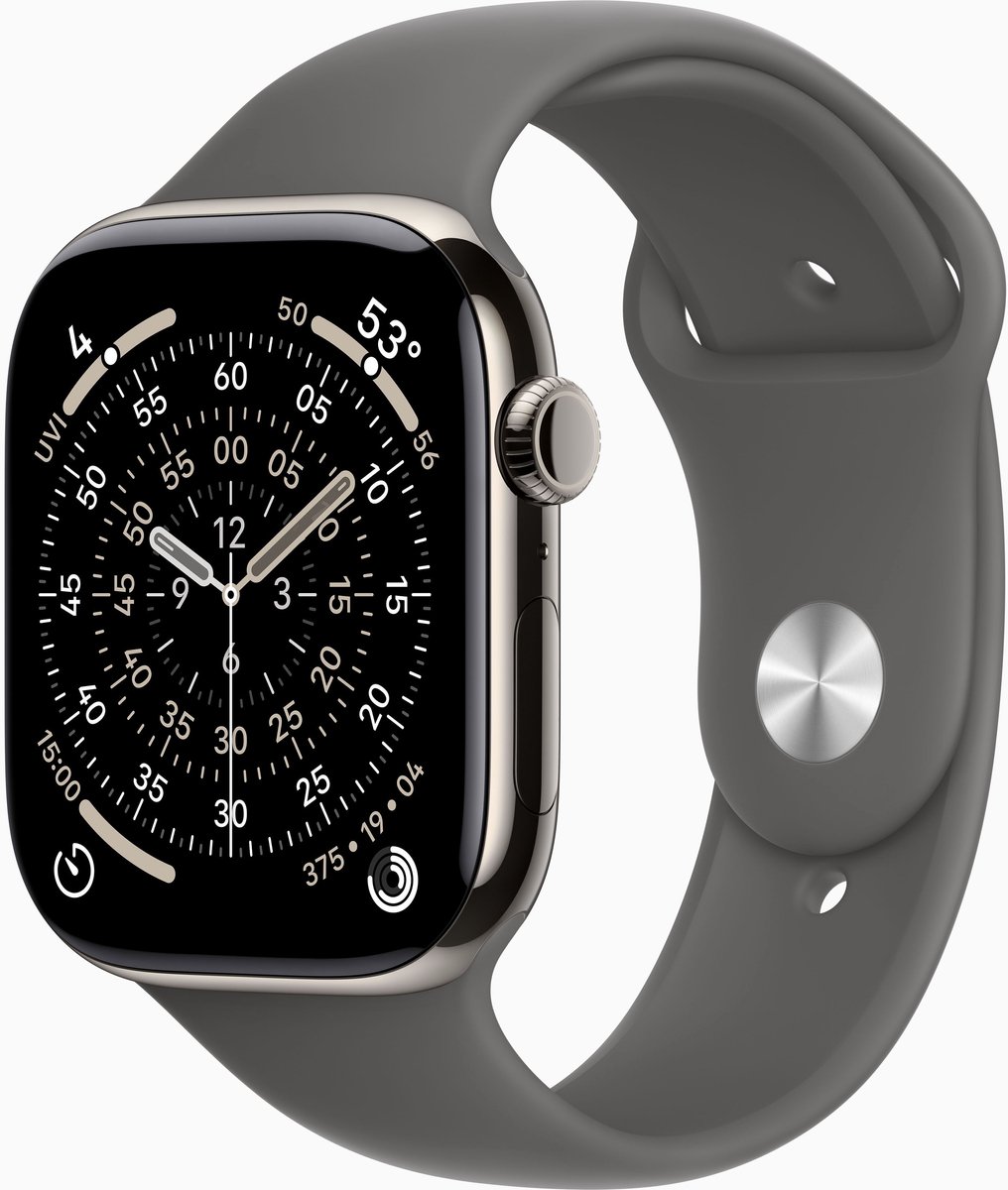 Apple Watch Series 11 GPS + mobiel 46 mm natuurlijke titanium kast met steengrijze sportband - S/M