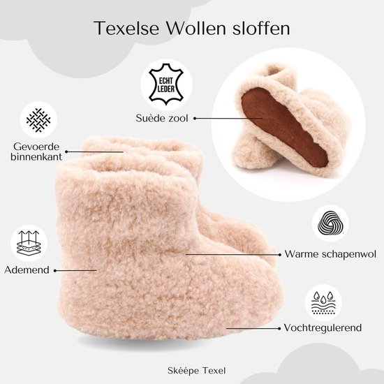 Ecru Texelse wollen sloffen met suède zool, gevorderde binnenkant, ademend en vochtregulerend.