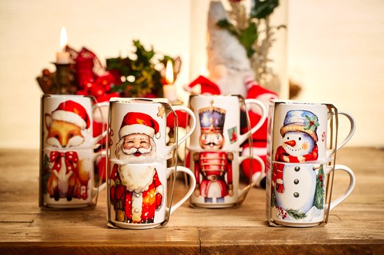 Tasses de Noël en porcelaine – 265 ml – Set de 2 – 4 imprimés différents – Emballage cadeau festif