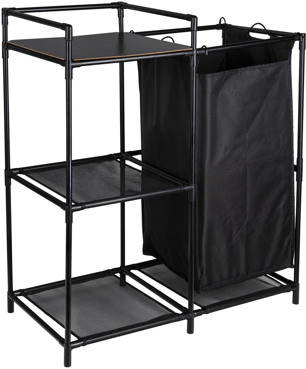 Linnen Opbergrek met Waszak 50L – Wasmand Organizer – 3 Lagen – Metalen Frame – Zwart