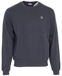 Donkerblauwe trui met ronde hals en een lichtgrijs logo op de borst.
