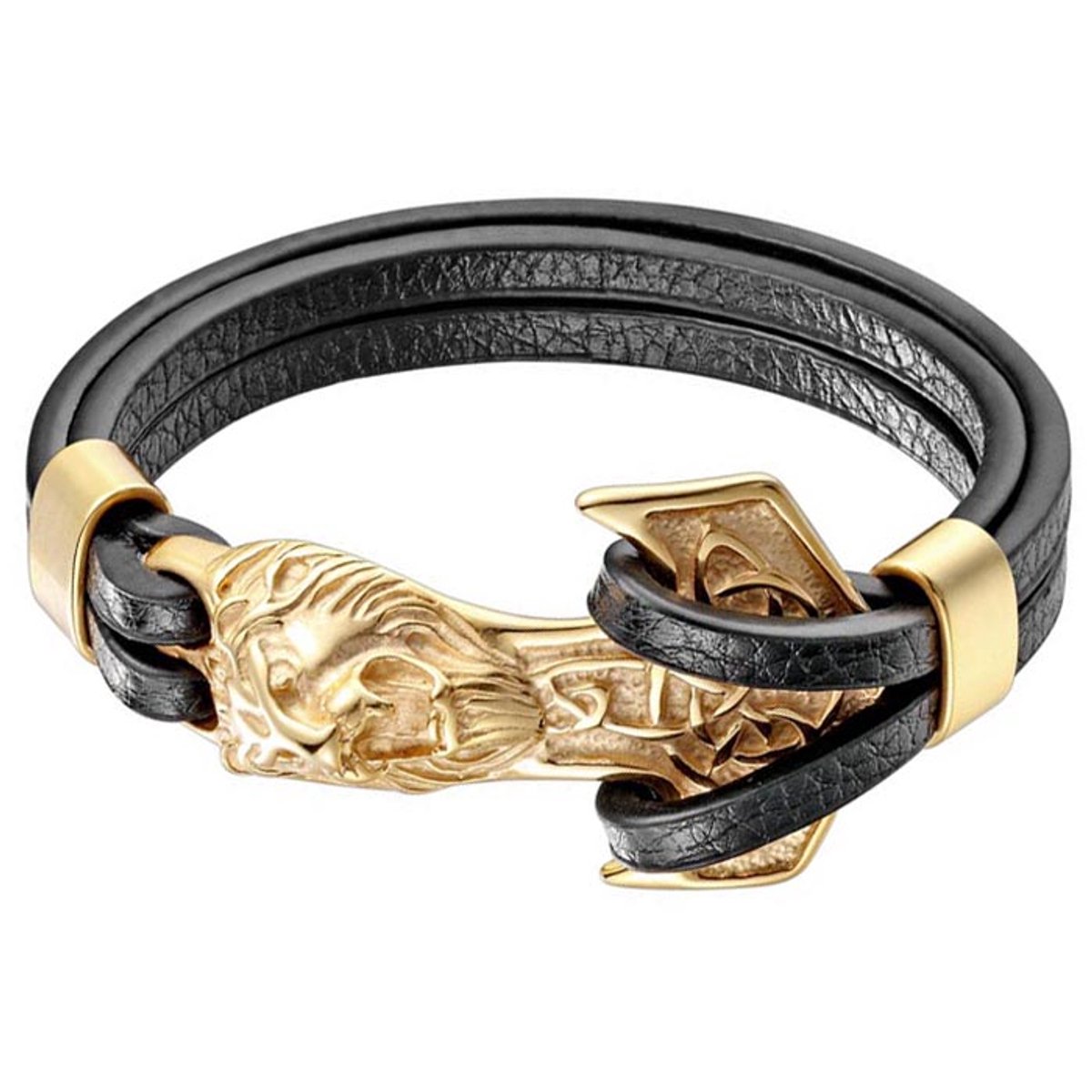 Leren armband Mannen Mendes Anker Leeuw Edelstaal Goudkleurig Zwart