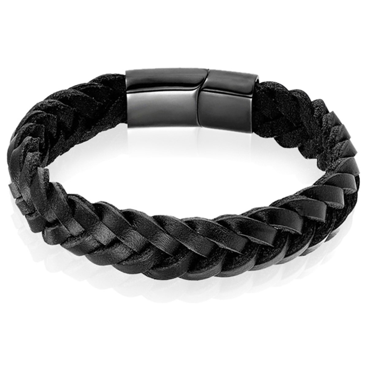 Heren armband LGT Jewels Gevlochten Leer Edelstaal Zwart-21cm