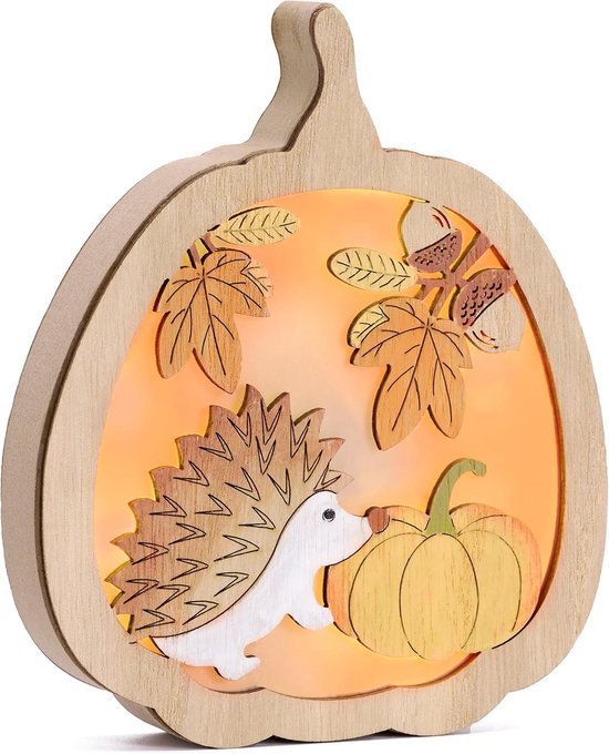 Lampe de table d'automne en bois – Lampe d'ambiance LED avec motifs hérisson, citrouille et Glitter – 15,4 x 12,5 cm – Décoration d'automne et d'Halloween - citrouille