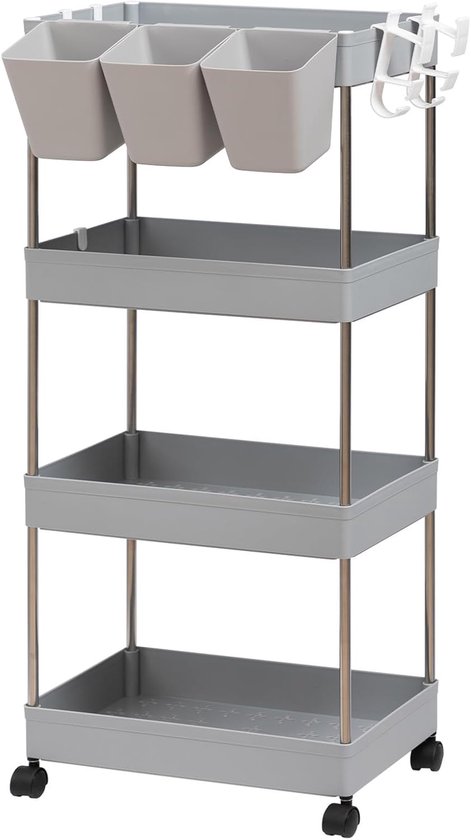 4 Tier Keuken Opbergkar met Hangende Emmer - Slanke rollende kar met afsluitbare wielen, monteert zonder gereedschap, voor keuken, badkamer, wasruimte, slaapkamer, wit (Extra Large