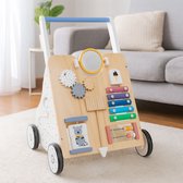 COSTWAY Babyloophulp van hout, multifunctionele loopwagen met gladde handgrepen, rubberen banden en geïntegreerde speelactiviteiten, loopwagen voor baby's vanaf 1 jaar (kleurrijk