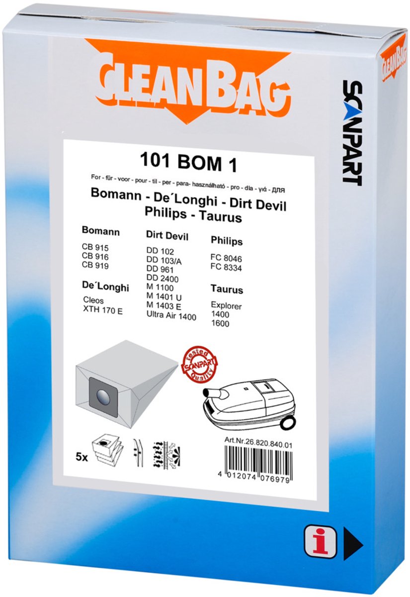 CleanBag stofzuigerzakken 5 stuks - Geschikt voor Bomann CB915 - DeLonghi Cleos - Dirt Devil Swifty - Philips FC8334-8349 - Taurus Explorer - FC8046 - Inclusief 1 filter - Alternatief