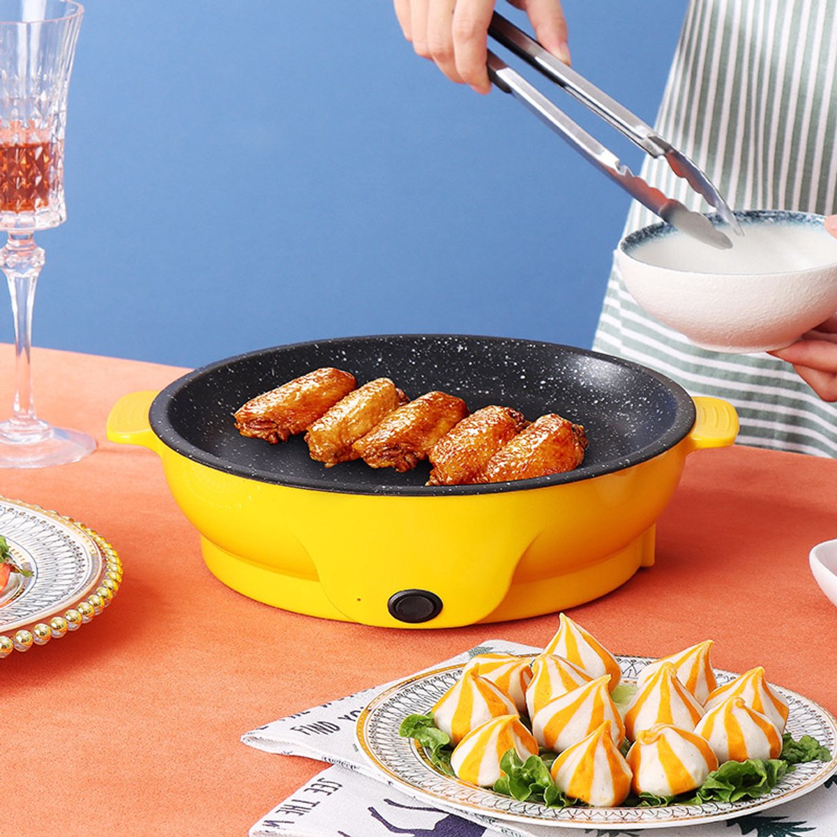 WizBay Premium Select® Bak Grillplaat Anti Baklaag - Elektrisch - Aluminium - 2 Personen - Binnen Buiten - Funcooking - 22x22x10cm - Geel