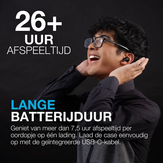 JLab Go Pods ANC Draadloze Oordopjes Met Noise Cancelling - Oortjes Draadloos Bluetooth - 26 uur Batterijduur - Hybrid ANC - Equalizer EQ4 App - Multipoint - Fast Charging Case - Zwart