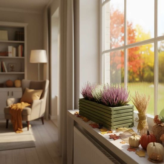 Grijze houten bloembak met roze en witte heide, op een vensterbank in een woonkamer, met herfstdecoratie.