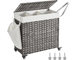 Wasmmand vuile wasmand rietstijl geweven wasmand met 3 compartimenten, uitneembare voering, handgrepen en deksel, geschikt voor woonkamer, badkamer en wasruimte, 66 x 33 x 60 cm, grijs.