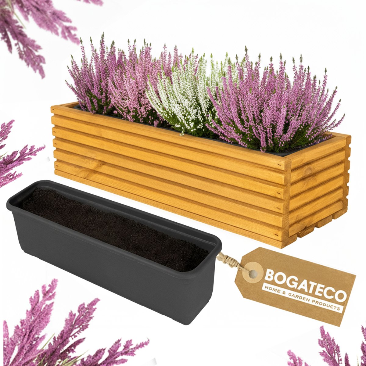 Houten bloembak | Plantenbak | Bloempot 44 x 20 x 14,5 cm | Kruidenpot | Bloempot met kunststof inzetstuk | Waterdicht | Lichtbruin