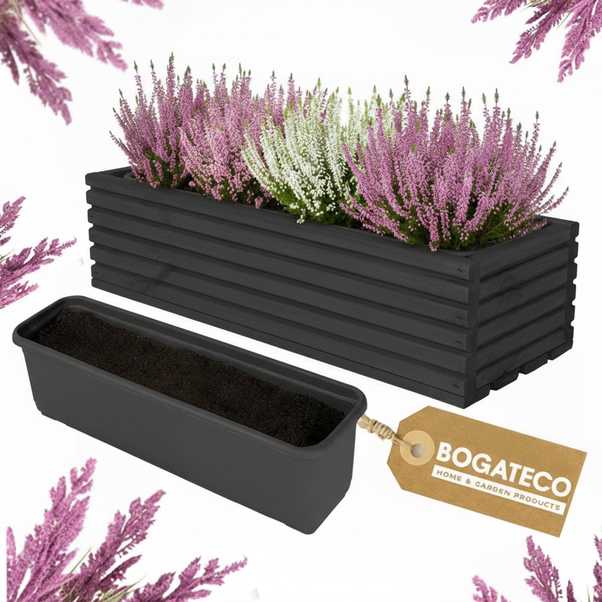 Houten bloembak | Plantenbak | Bloempot 44 x 20 x 14,5 cm | Kruidenpot | Bloempot met kunststof inzetstuk | Waterdicht | Zwart