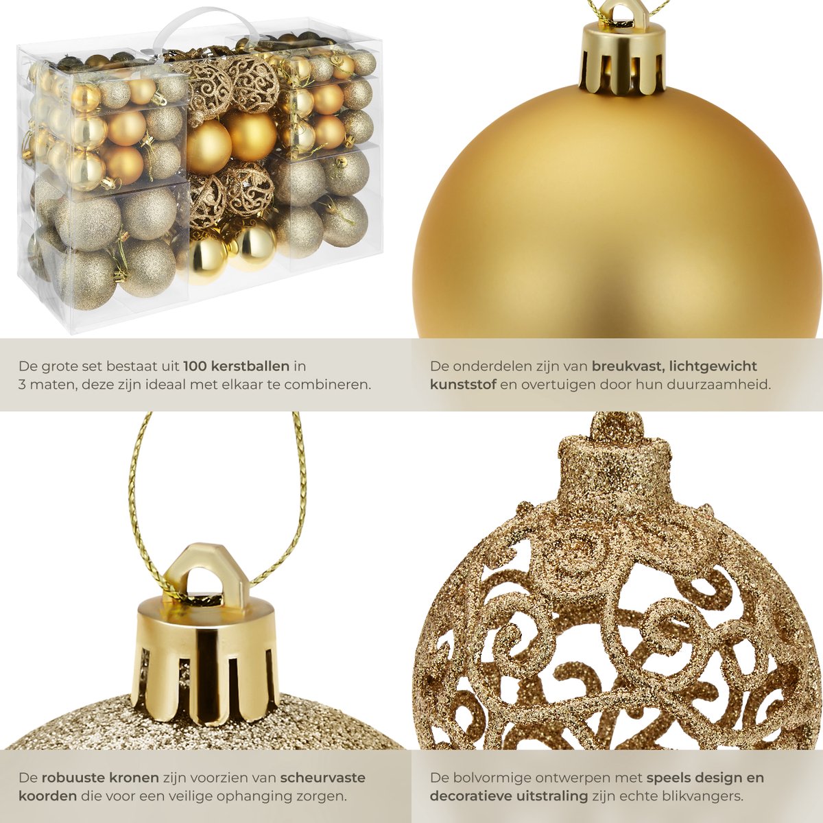 tectake® Set van 100 Kerstballen - Mat, Glanzend en Glinsterend Oppervlak - Kerstballen van Robuust Plastic - Kerstversiering met Opbergbox - Kerstboomversiering in Verschillende Maten - Goud – foto 3
