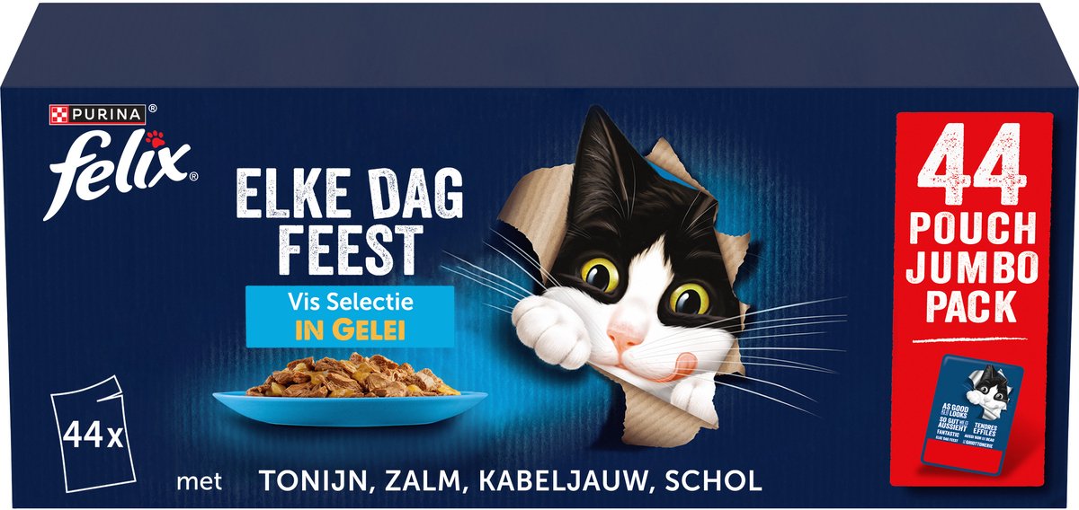 Felix Felix Elke Dag Feest Vis Selectie - Kattenvoer Natvoer - Tonijn, Kabeljouw, Zalm & Schol - 44 x 85 g